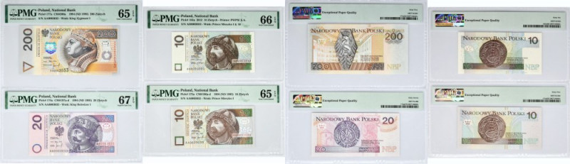 Zestaw, 10-200 złotych 1994-2012 - PMG 65-67 EPQ (4 szt.) - IDENTYCZNY NUMER AA ...