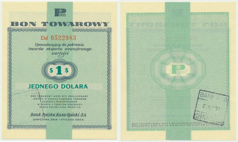 Pewex, 1 dolar 1960 - Dd - z klauzulą - Odmiana z klauzulą na rewersie. Emisyjny...