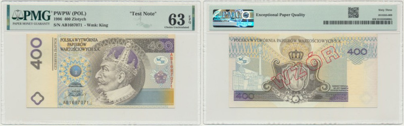 PWPW, 400 złotych 1996 - AB - WZÓR na rewersie - PMG 63 EPQ Zaawansowany technic...