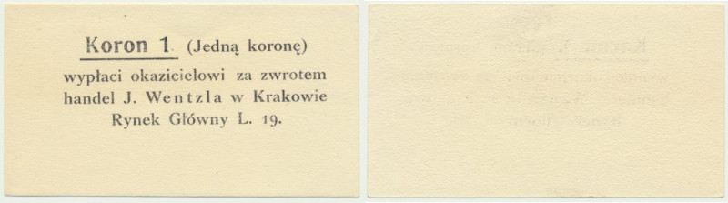 Kraków, J. Wentzl, 1 korona 1919 - blankiet - późniejszy druk ? Blankiet bez ste...