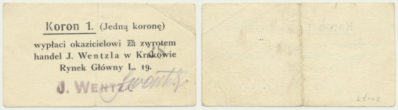 Kraków, J. Wentzl, 1 korona 1919 - numerator 8 mm - BARDZO RZADKI Bardzo rzadka ...