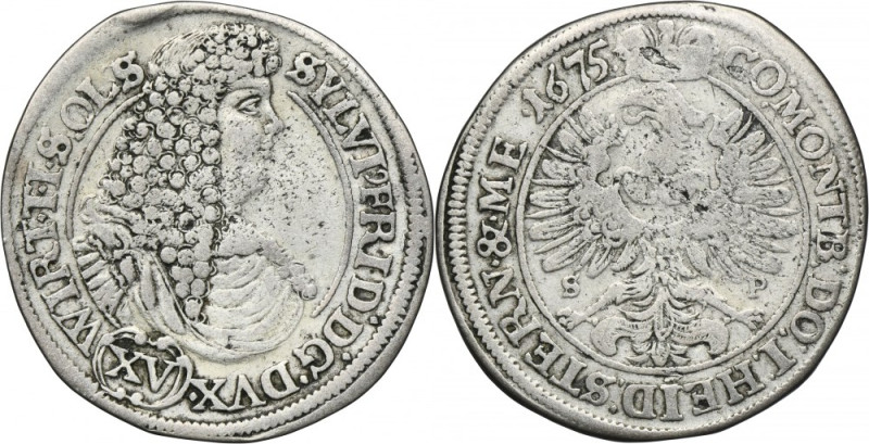 Silesia, Duchy of Oels, Silvius II Friedrich, 15 Kreuzer Oels 1675 SP - RARE Rar...