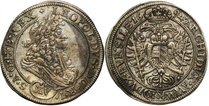 Silesia, Habsburg rule, Leopold I, 15 Kreuzer Breslau 1694 MMW Variety with obve...