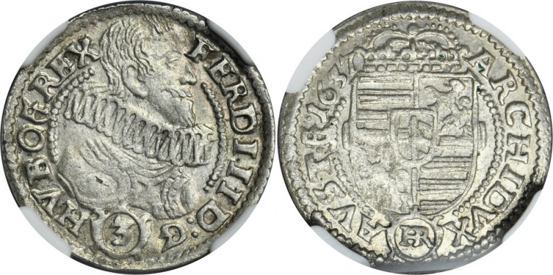 Silesia, Habsburg rule, Ferdinand III, 3 Kreuzer Glatz 1637 HR - NGC AU58 Variet...