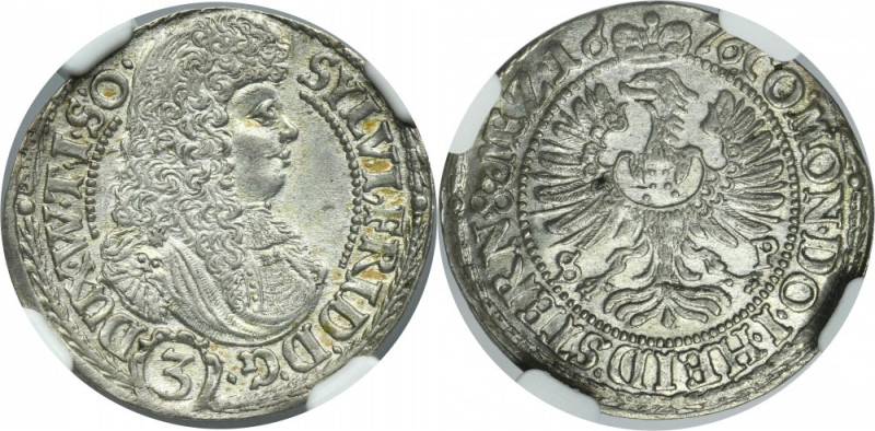 Silesia, Duchy of Oels, Silvius II Friedrich, 3 Kreuzer Oels 1676 SP - NGC MS63 ...