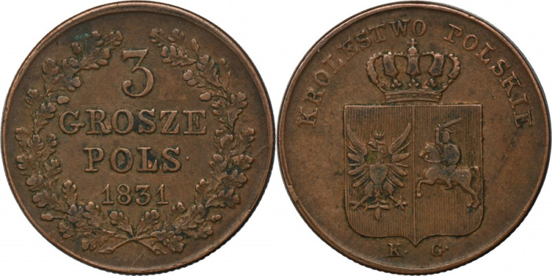 November Uprising, 3 Groschen Warsaw 1831 KG Variety with straight eagle's legs ...