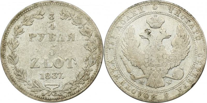 3/4 rouble = 5 zloty Warsaw 1837 MW Variety with nine feathers in the eagle's ta...