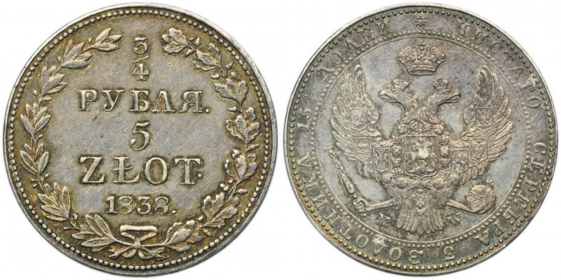 3/4 rouble = 5 zloty Warsaw 1838 MW Variety with three berries after the fifth c...