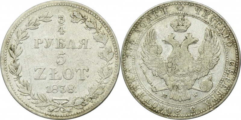 3/4 rouble = 5 zloty Warsaw 1838 MW Variety with three berries after the fifth c...