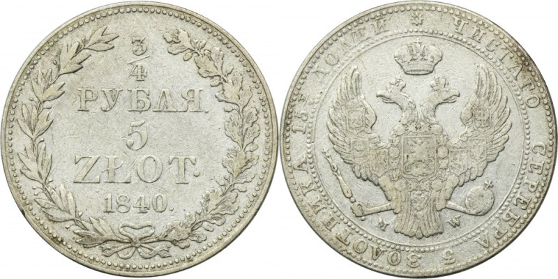 3/4 rouble = 5 zloty Warsaw 1840 MW Variety with a tail with nine feathers, with...