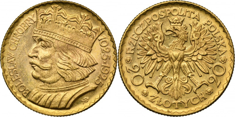 20 złotych 1925 Chrobry Gold '900'. Diameter 21 mm, weight 6.45 g
 Złoto próby ...