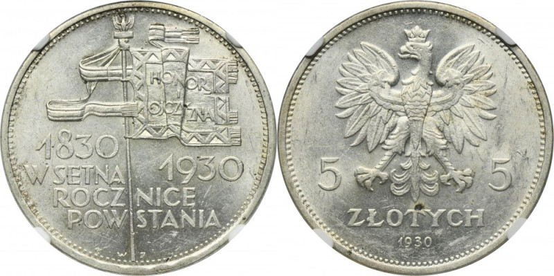 Sztandar, 5 złotych 1930 - NGC MS62 Odmiana bita stemplem płytkim. Mennicza mone...