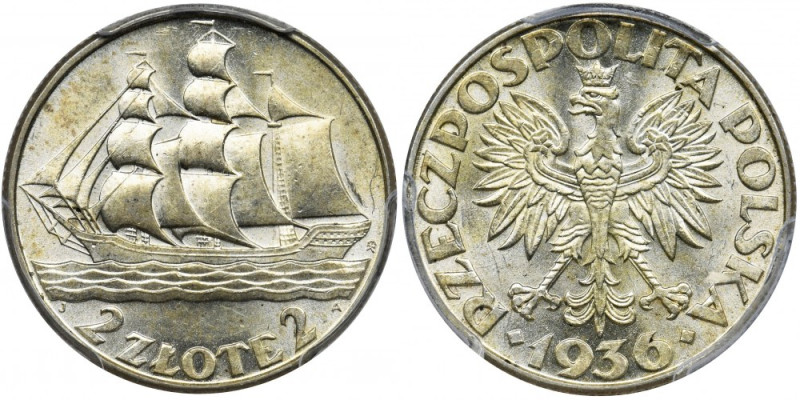 Żaglowiec, 2 złote 1936 - PCGS MS63 Menniczy stan zachowania. Głęboki zegarowy p...