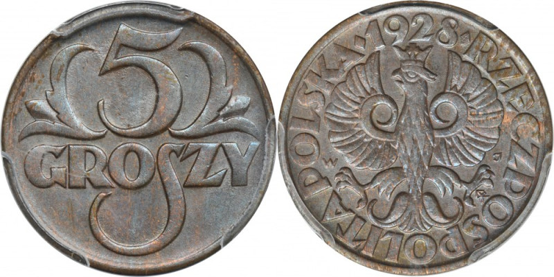 5 groszy 1928 - PCGS MS63 BN Kolor brązowy.
 Piękna moneta doceniona drugą najw...