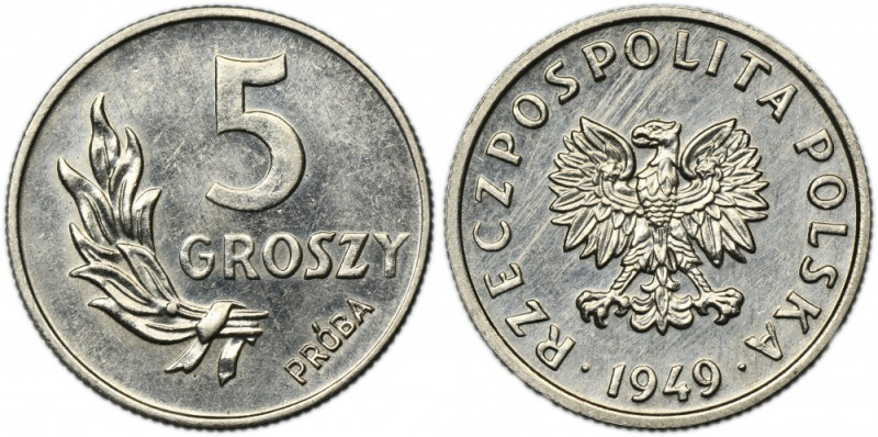 PRÓBA NIKIEL, 5 groszy 1949 Próba niklowa.
 Nakład 500 sztuk. Reference: Parchi...