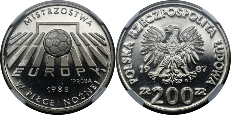 PRÓBA NIKIEL, 200 złotych 1987 Mistrzostwa Europy w Piłce Nożnej 1988 - NGC PF68...