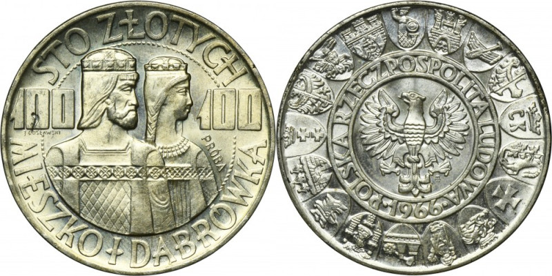 PRÓBA, 100 złotych 1966 Mieszko i Dąbrówka półpostacie Srebro próby '900'. Refer...