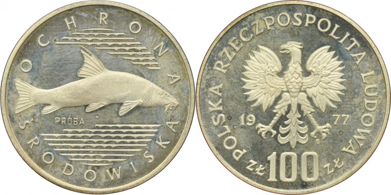 PRÓBA, 100 złotych 1977 Ochrona Środowiska Ryba Moneta wybita stemplem lustrzany...