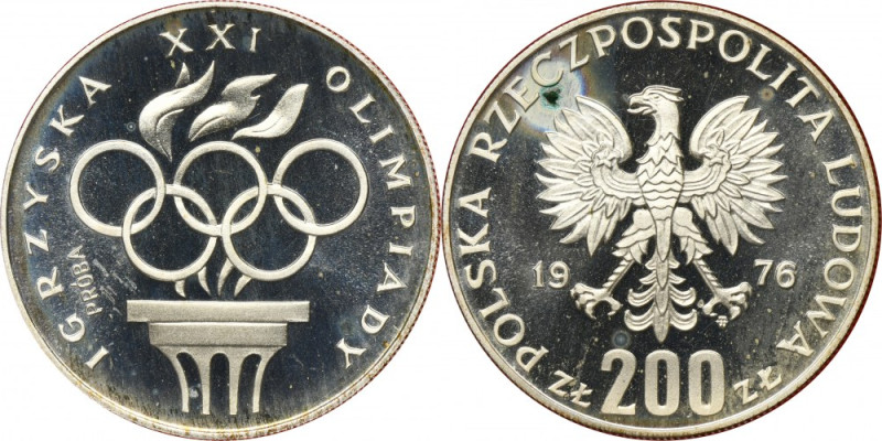 PRÓBA, 200 złotych 1976 Igrzyska XXI Olimpiady Moneta wybita stemplem lustrzanym...