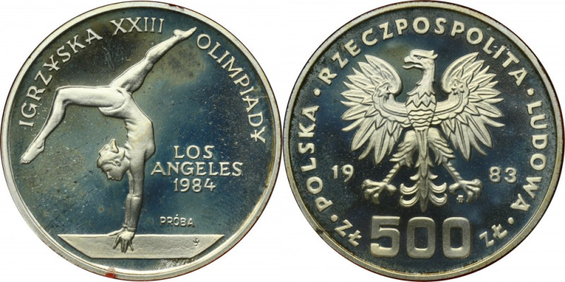 PRÓBA, 500 złotych 1983 Olimpiada w Los Angeles Moneta wybita stemplem lustrzany...