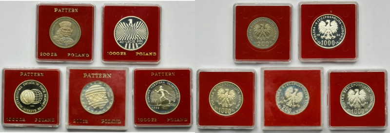 Zestaw, PRÓBY PRL, 200 złotych i 1.000 złotych (5 szt.) Zestaw pięciu monet prób...