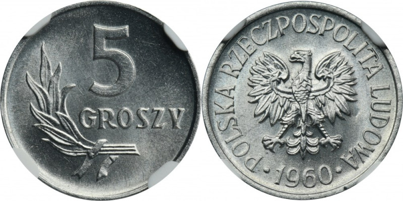 5 groszy 1960 - NGC MS66 Mennicza moneta z oceną MS66 od NGC. Druga najwyższa no...