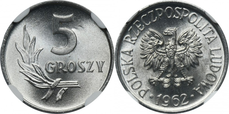 5 groszy 1962 - NGC MS67 Mennicza moneta z oceną MS67 od NGC. Druga najwyższa no...