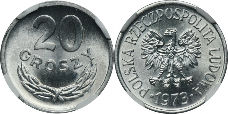 20 groszy 1973 - bez znaku mennicy - NGC MS67 - RZADSZE Rzadsza dwudziestogroszó...