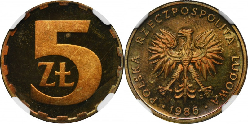 5 złotych 1986 - NGC PF66 CAMEO - LUSTRZANKA Moneta wybita stemplem lustrzanym z...