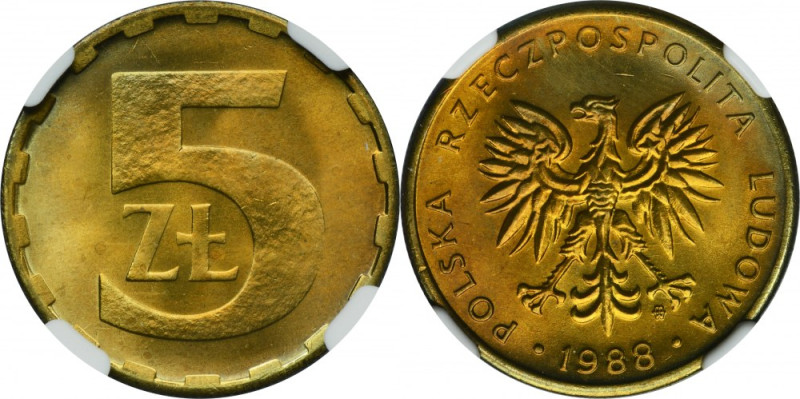 5 złotych 1988 - NGC MS66 Mennicza moneta z oceną MS66 od NGC. Druga najwyższa n...