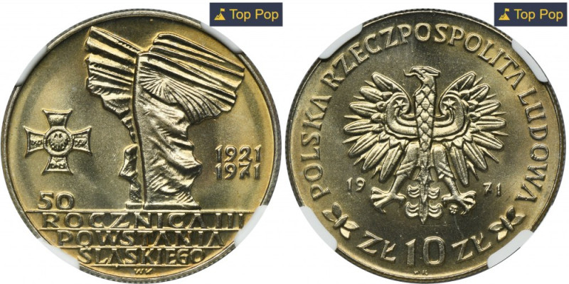 10 złotych 1971 50 rocznica Powstania Śląskiego - NGC MS67 Mennicza moneta z oce...