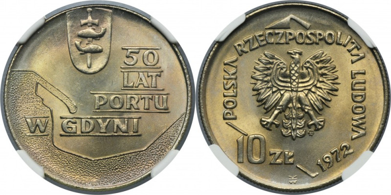 10 złotych 1972 50 Lat Portu w Gdyni - NGC MS67 Mennicza moneta z oceną MS67 od ...