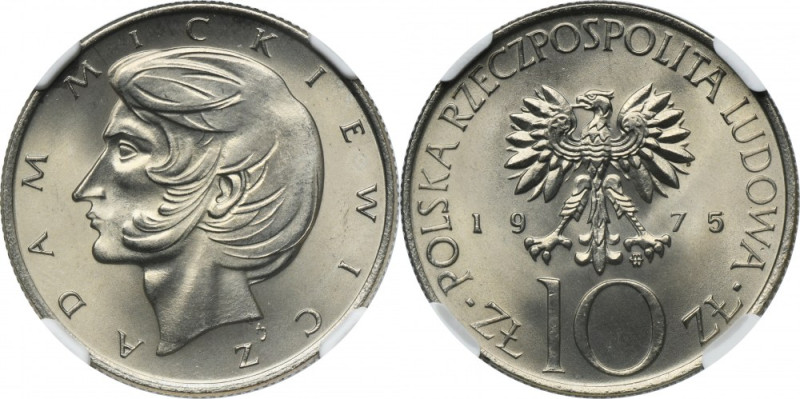 10 złotych 1975 Adam Mickiewicz - NGC MS67 - PIĘKNA Mennicza moneta z oceną MS67...