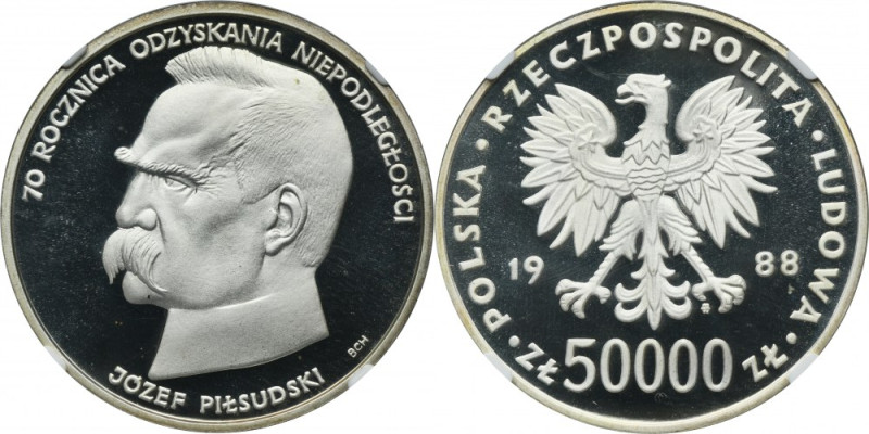 50.000 złotych 1988 Piłsudski - NGC PF69 ULTRA CAMEO Moneta wybita stemplem lust...