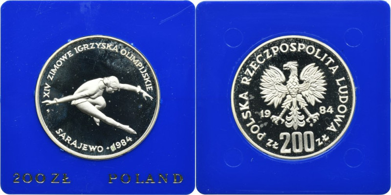 200 złotych 1984 Sarajewo Moneta wybita stemplem lustrzanym z widocznymi ryskami...