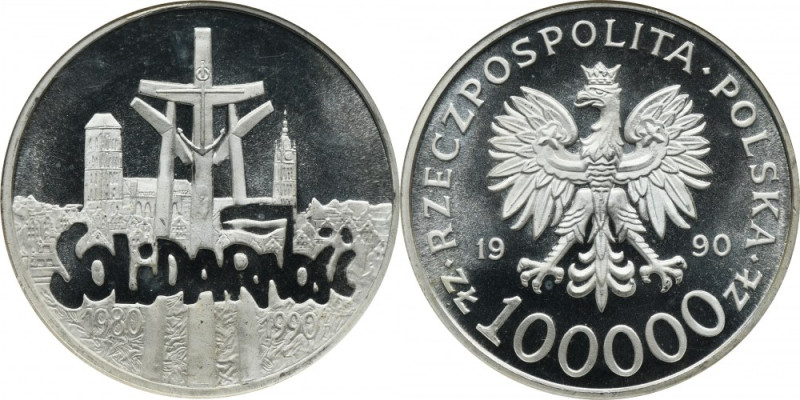 100.000 złotych 1990 Solidarność - NGC MS68 - ODWRÓCONA FLAGA Rzadka moneta bita...