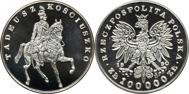 MAŁY TRYPTYK, 100.000 złotych 1990 Kościuszko Moneta wybita stemplem lustrzanym....