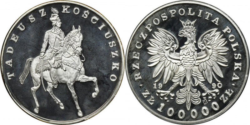 MAŁY TRYPTYK, 100.000 złotych 1990 Kościuszko Moneta wybita stemplem lustrzanym ...