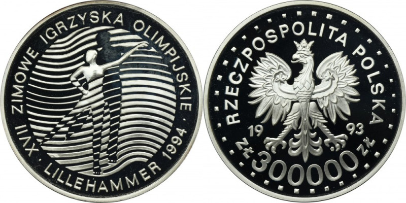 300.000 złotych 1993 Lillehammer 1994 Moneta wybita stemplem lustrzanym. Nakład ...