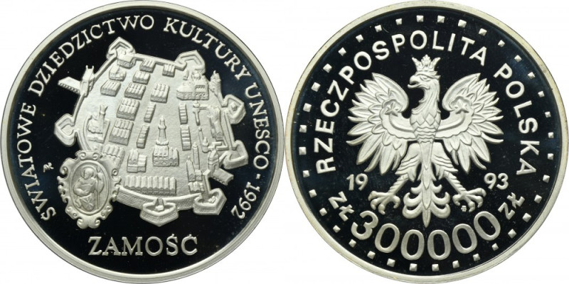 300.000 złotych 1993 Zamość Moneta wybita stemplem lustrzanym.
 Nakład 20.000 s...