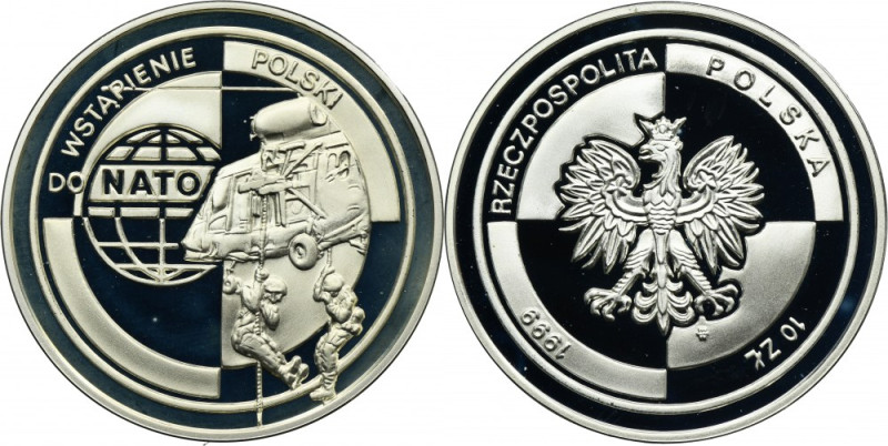 10 złotych 1999 Wstąpienie Polski do NATO Moneta wybita stemplem lustrzanym.
 N...