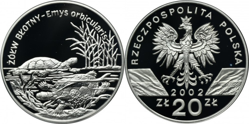 20 złotych 2002 Żółw błotny Moneta wybita stemplem lustrzanym. Nakład 35.000 szt...