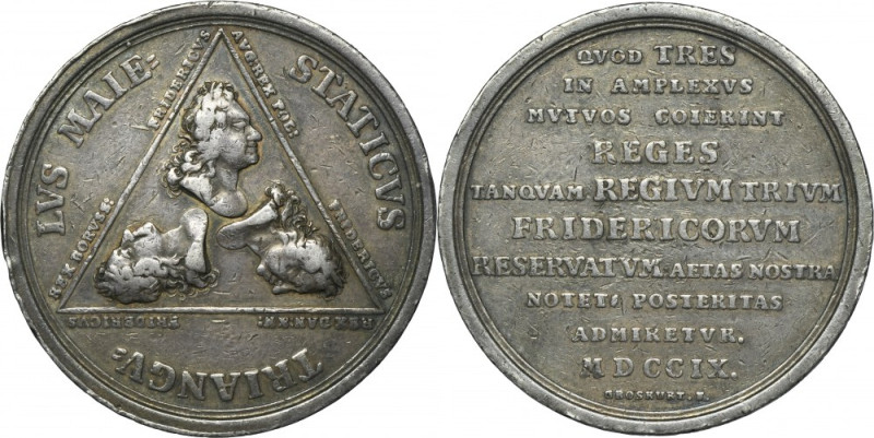 August II the Strong, Medal Alliance of the Three Friedrich 1709 Medal by Heinri...