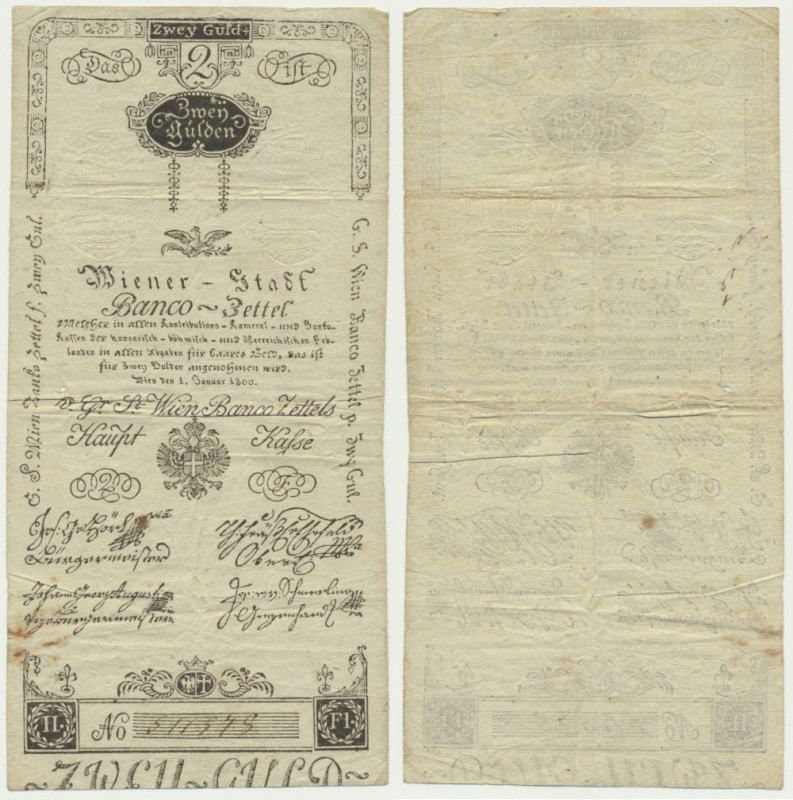 Austria, 2 Gulden 1800 Cirsp note with beautifull original sheen.
 Egzemplarz w...