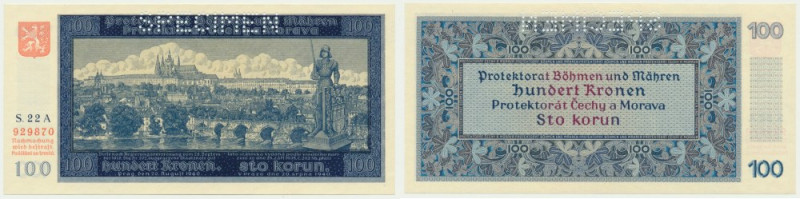 Bohemia & Moravia, 100 Korun 1940 - SPECIMEN - I issue Uncirculated.
 Emisyjny ...