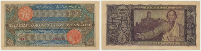 Czechoslovakia, 50 Korun 1922 Cirsp note with beautifull original sheen. Very at...