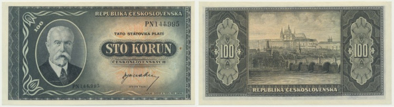 Czechoslovakia, 100 Korun (1945) Lightly circulated note. Folds on left corners....