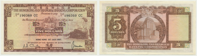 Hongkong, 5 Dollars 1967 Extremely fine piece. One strong fold through the desig...