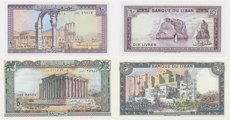 Lebanon, set 10-50 Livres (1964-88) (2 pcs.) Attractive pieces.&nbsp; One note w...