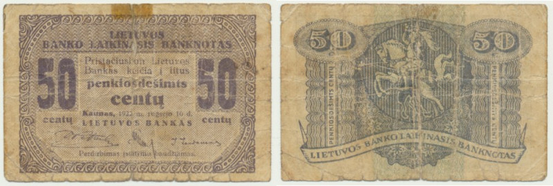 Lithuania, 50 Centu 1922 Rare note. Tear. Rzadki banknot. Rozdarcie.&nbsp; 
Ref...